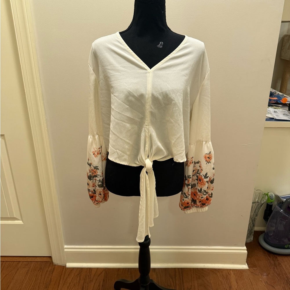 Floral Sleeve Tie-Front Top - Cream